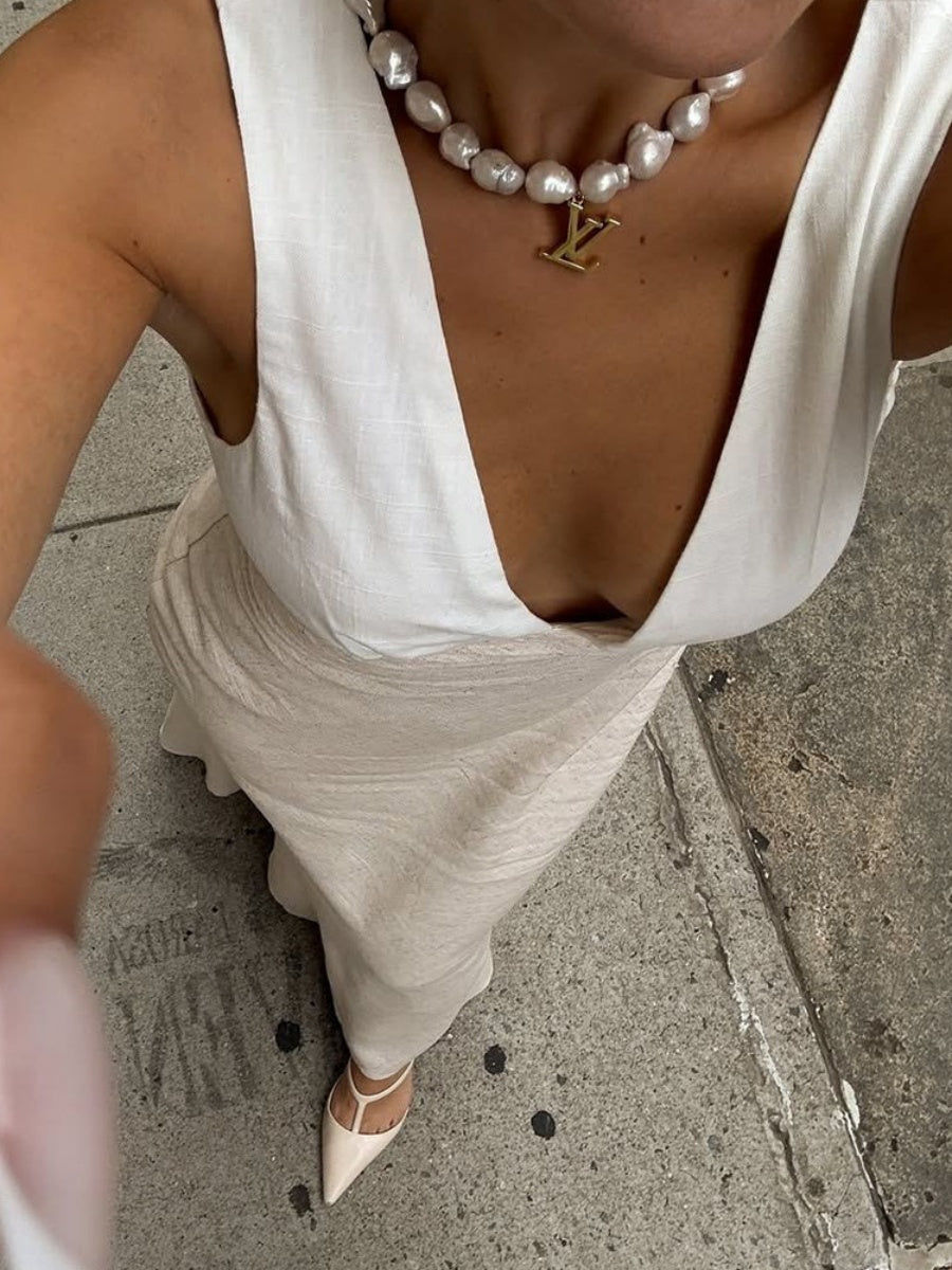 Cotton And Linen Elegant Waist-cinching V-neck Sleeveless Comfort Maxi Dresses