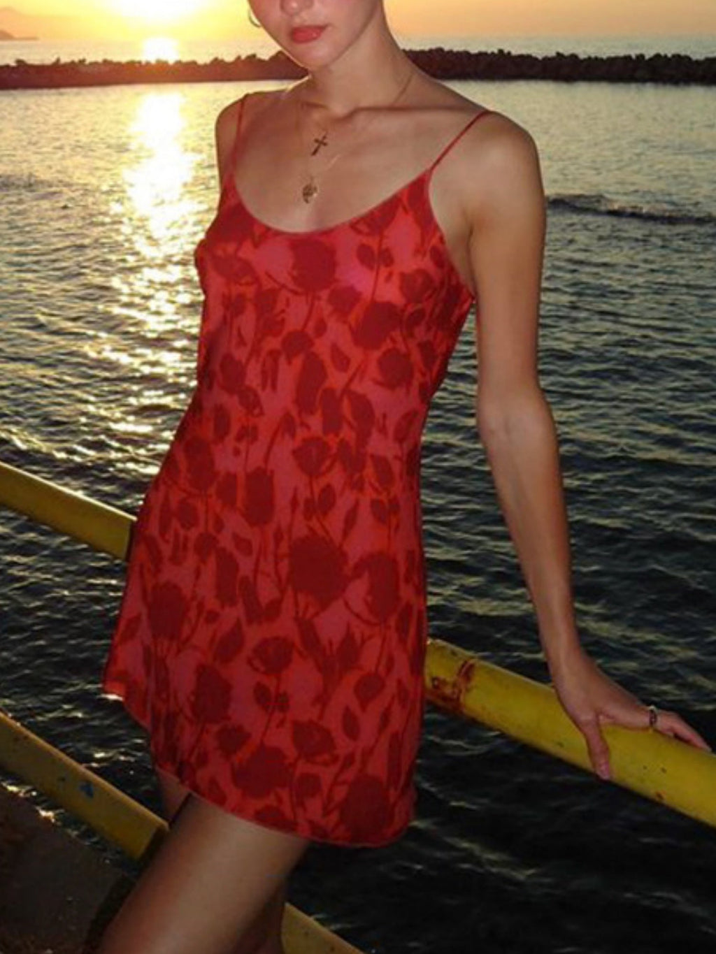 Printed Waist-cinching V-neck Camisole Mini&Short Dresses