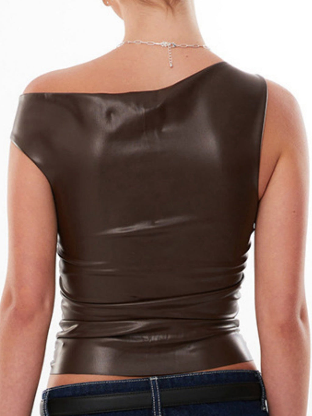 PU Leather Asymmetrical Neckline And Off-shoulder Twisted Design Cropped Vest