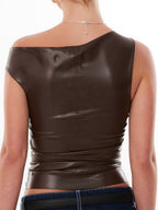 PU Leather Asymmetrical Neckline And Off-shoulder Twisted Design Cropped Vest