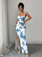 Blue Floral Halter-neck Elegant Bodycon Off-shoulder Long Dress