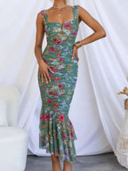 Printed Gathering Camisoles V-neck Ruffle Maxi Dresses
