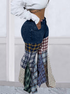 Houndstooth Pattern Flared Pants Ruffle Jeans