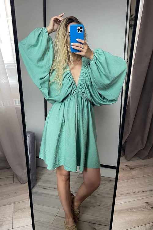 Crinkle Texture Deep V-Neck Puff Sleeve Babydoll Mini Dress