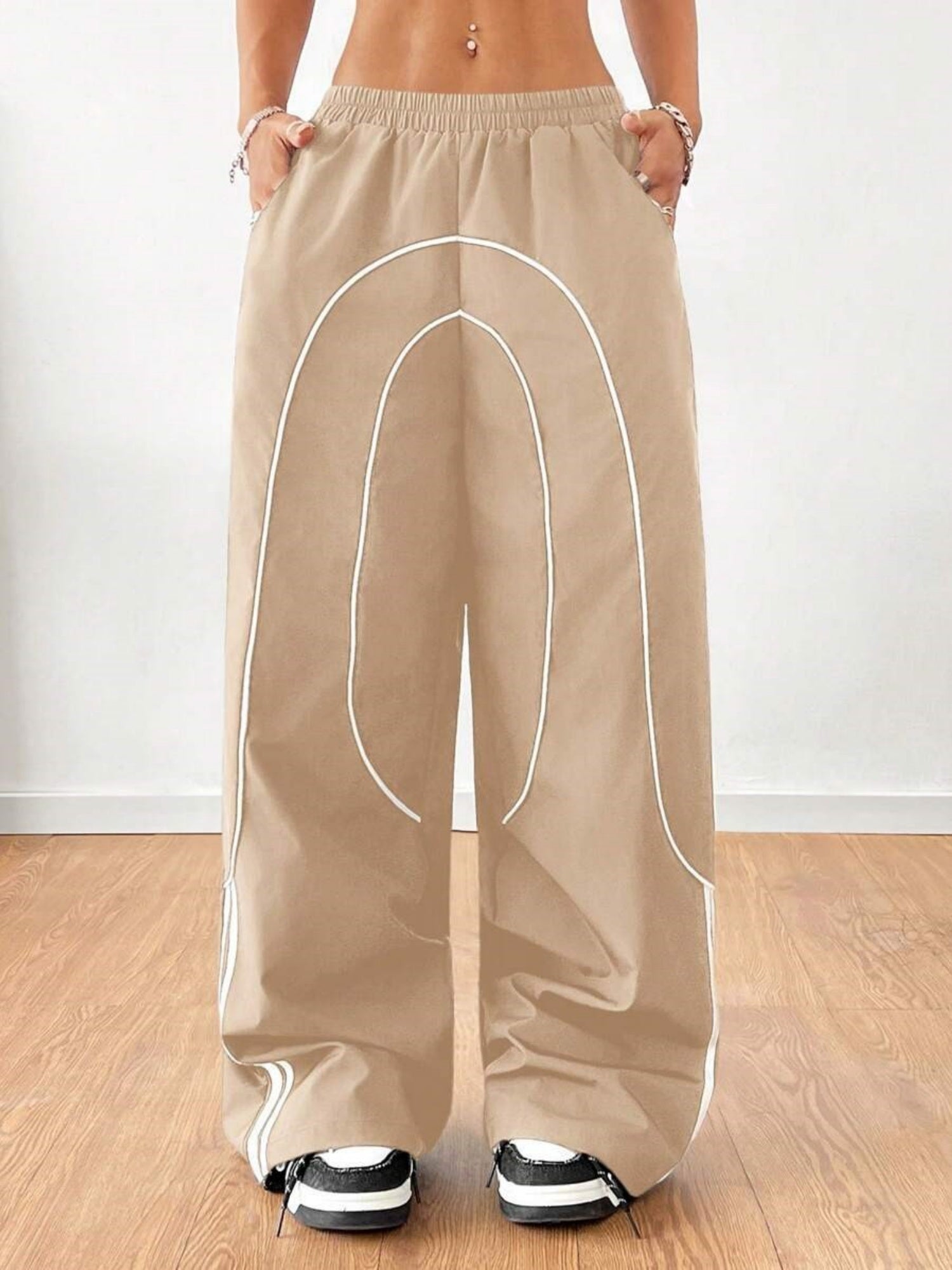 Color-blocked Elastic Waistband Pocket Wide-leg Trousers