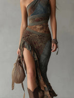 Retro Patchwork Print Asymmetrical High Slit Maxi Dress