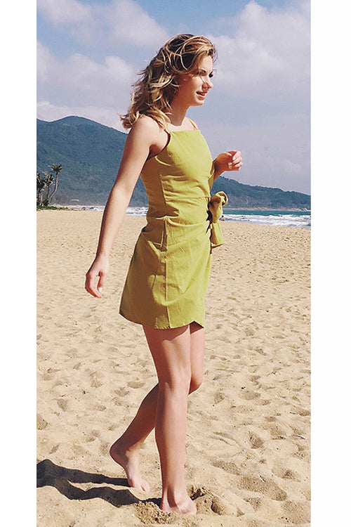 Square Neck Spaghetti Strap Side Bow Tie Wrap Mini Dress