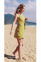 Square Neck Spaghetti Strap Side Bow Tie Wrap Mini Dress