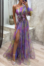 One Shoulder Waisted High Slit Mesh Overlay Printed Maxi Dress