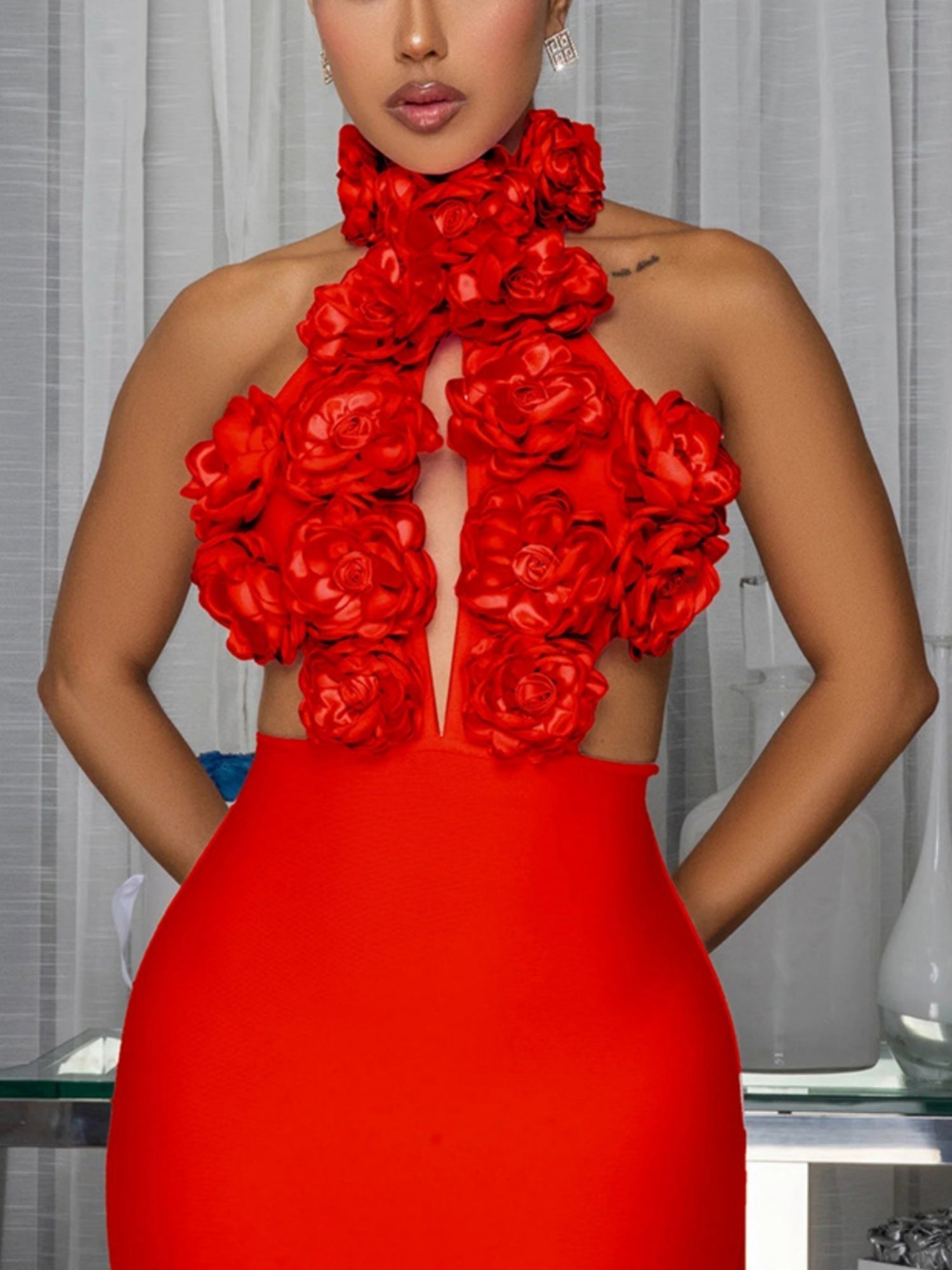 3D Flowers Valentine's Day Neckband Pleated Midi Dresses