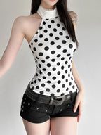 Polka Dots Halter Neck Waist Shaping Lace Patchwork Trim Tank Tops&Camis