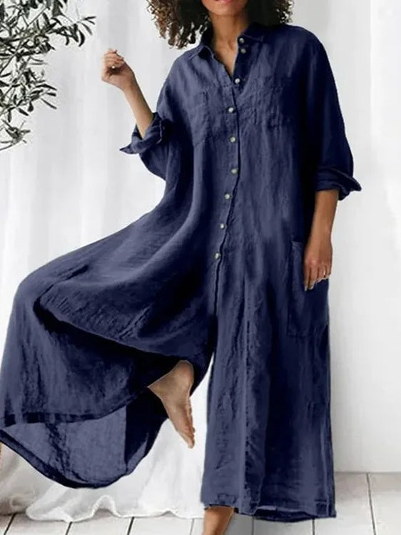 Long-sleeved Mid-length Cotton Linen Shirt Jumpsuit