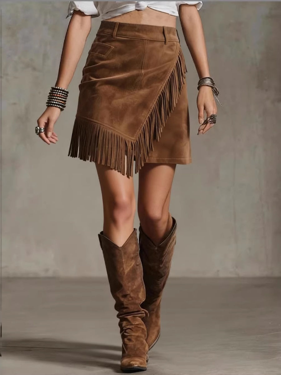 Temperament Grace Commuting Suede Tassel Skirts