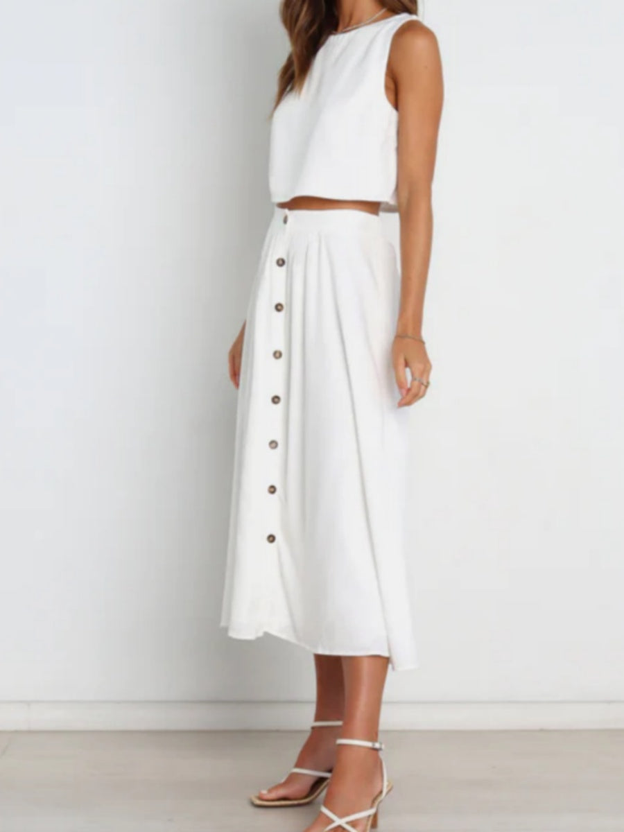 Solid Color Tank Tops Button-down Skirt Set 2-piece Sets