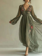 Floral Digital Positioning Printing Long-sleeved V-neck Long Dress
