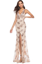 Deep V-Neck Floral Sequin Mesh Overlay High Slit Maxi Gown