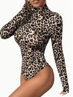 Leopard Print High-necked Long-sleeved Bodysuits