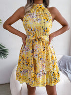 Printed Sleeveless Tie Mini Dress With A Full Skirt