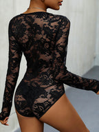 Openwork Lace Sexy Long Sleeves Tight Bodysuits