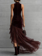 Velvet Turtleneck Sleeveless Irregular Hem Chiffon Evening Dress Maxi Dresses