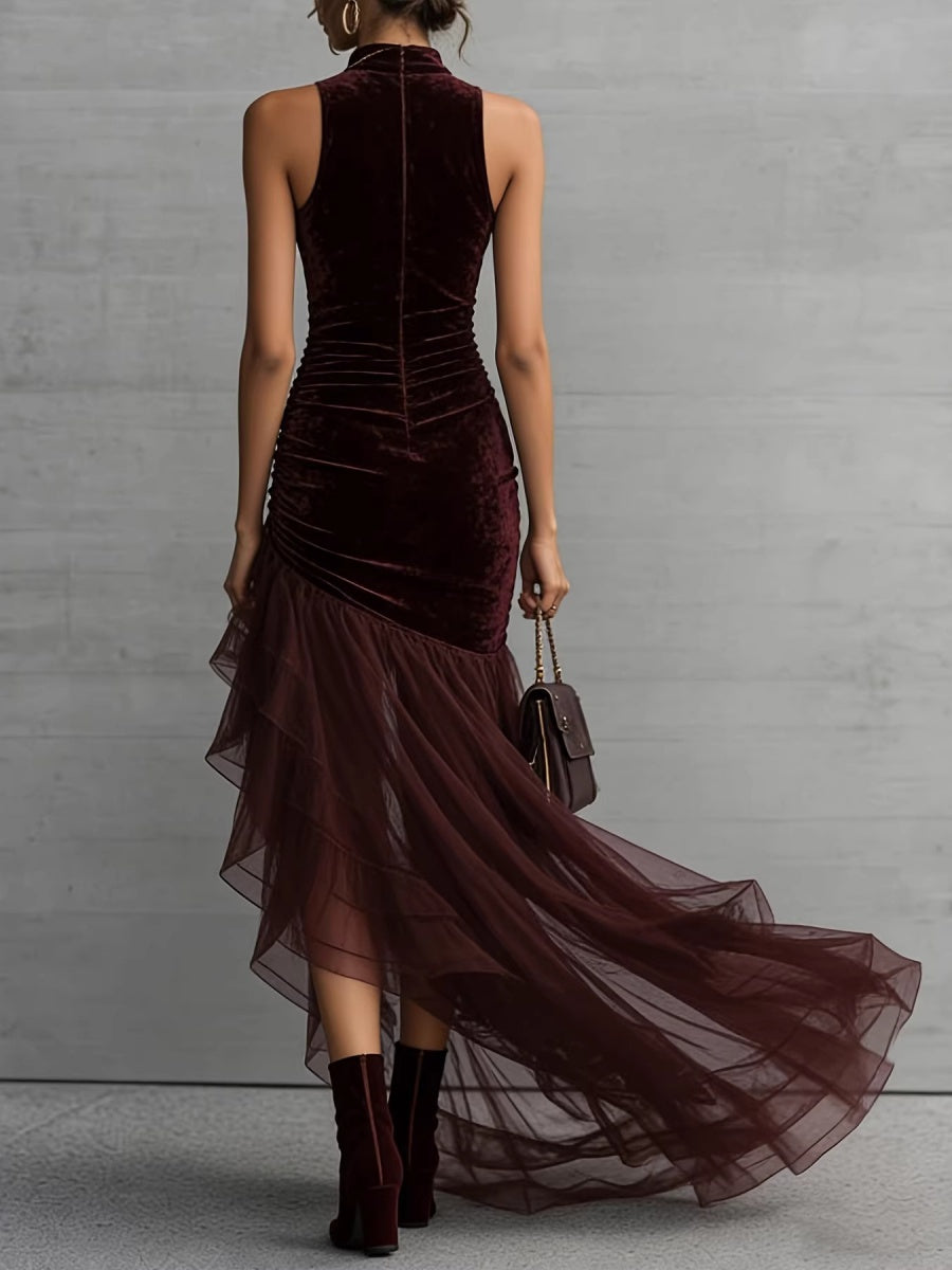 Velvet Turtleneck Sleeveless Irregular Hem Chiffon Evening Dress Maxi Dresses