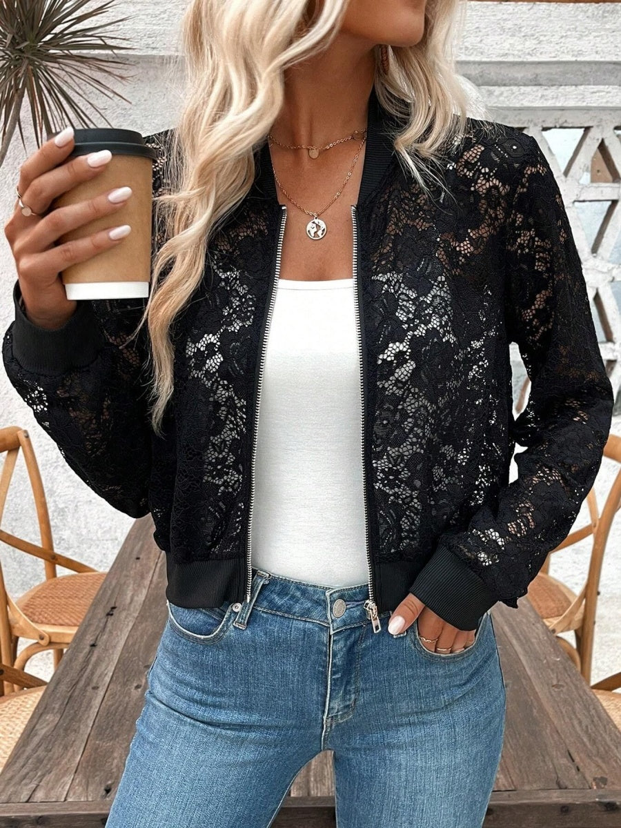 Short Lace Jacquard Lace Perspective Zipper Jacket Jackets