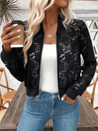 Short Lace Jacquard Lace Perspective Zipper Jacket Jackets