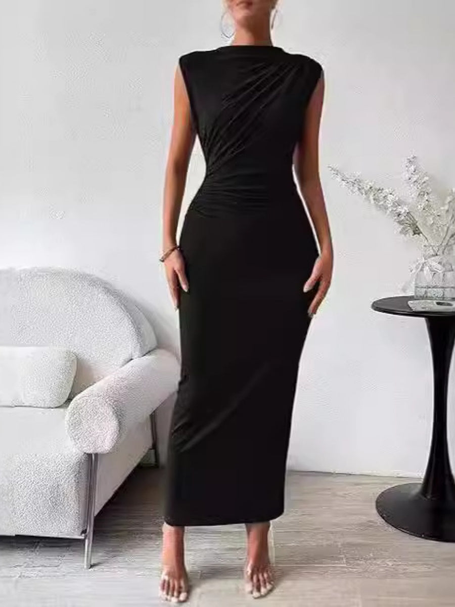 Solid Color Sleeveless Pleated Slim Fit Innerwear Maxi Dresses