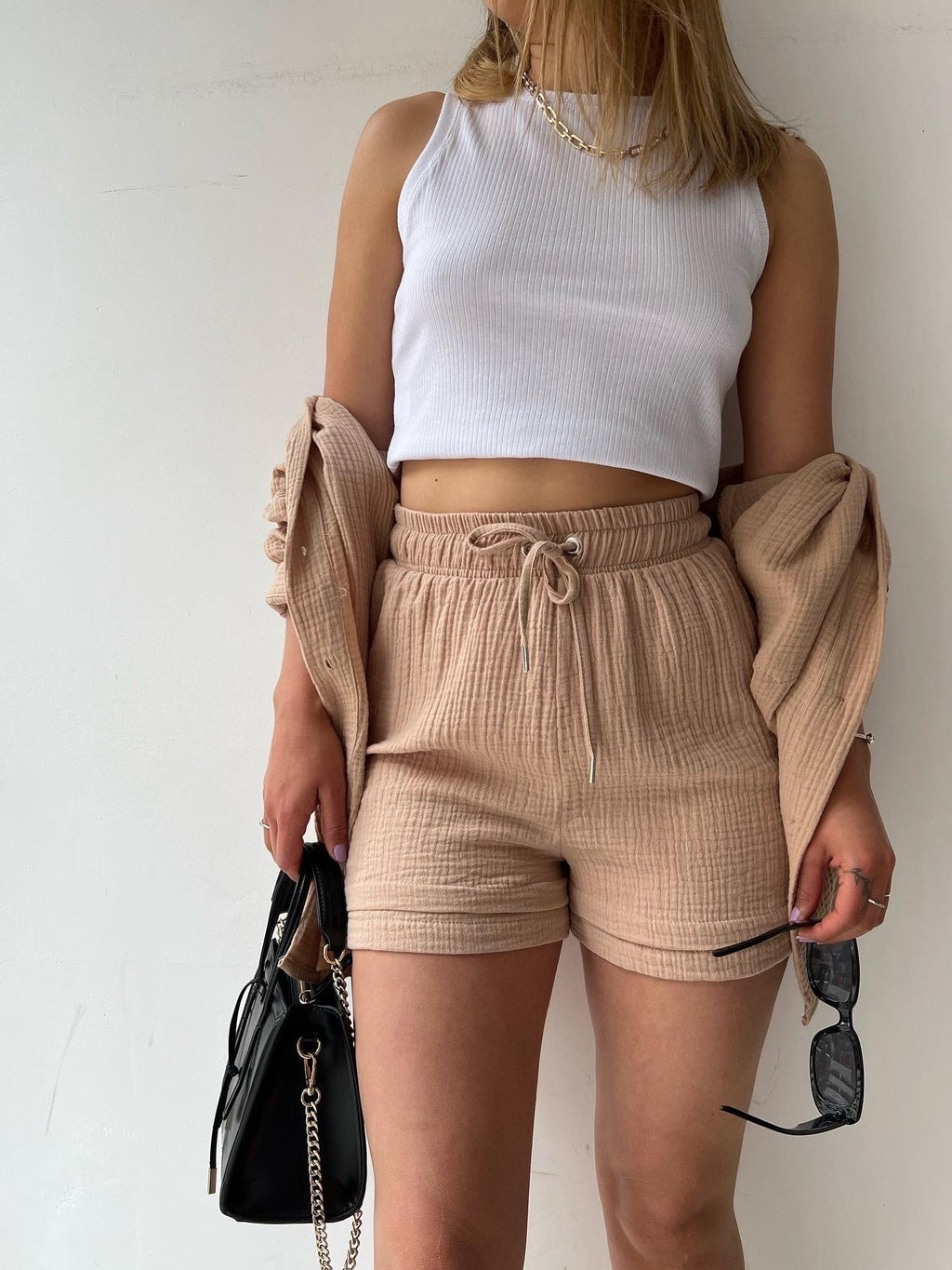 Long-sleeved Shirt And High-waisted Drawstring Shorts Casual Two-piece Set