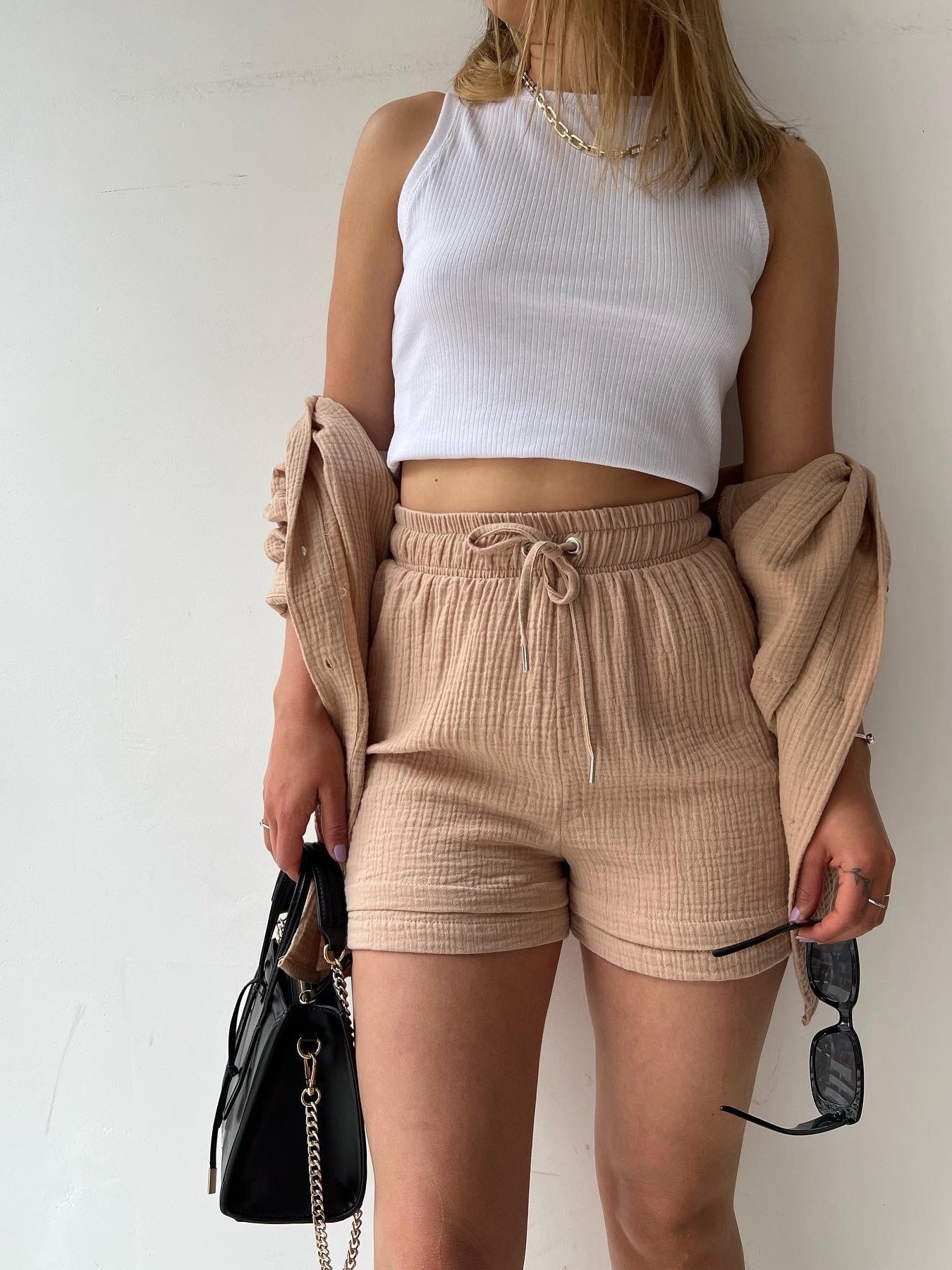 Long-sleeved Shirt And High-waisted Drawstring Shorts Casual Two-piece Set