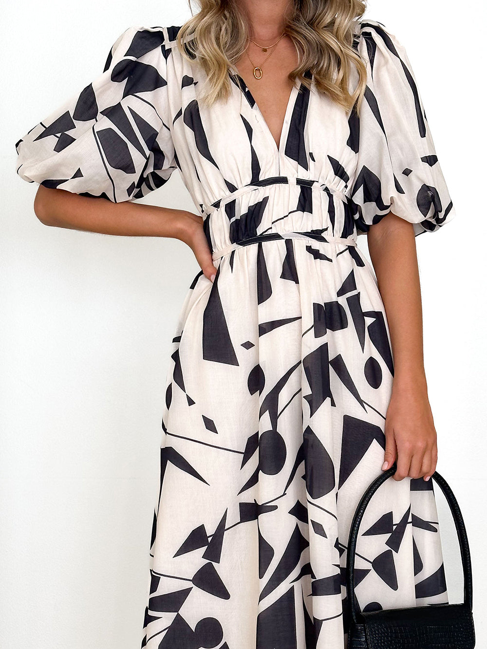 Deep V Neck Puff Sleeve Abstract Geo Print Wrap Midi Dress