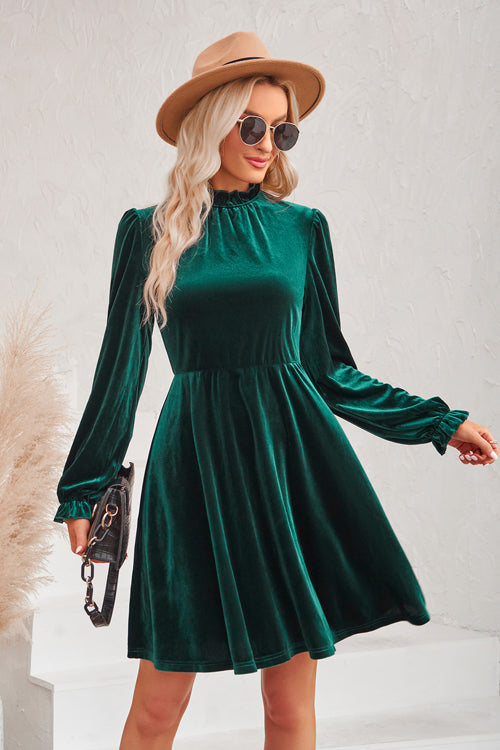 Velvet Ruffled Mock Neck Bishop Sleeve Elastic Waist A Line Mini Dress