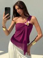 Irregular Mesh Sloping Shoulders 3D Flowers Camisoles