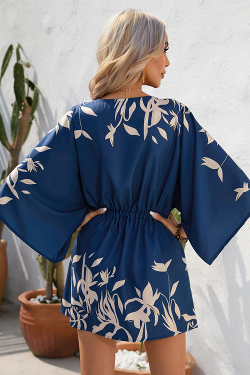 Deep V Neck Button Front Kimono Sleeve Drawstring Botanical Print Mini Dress