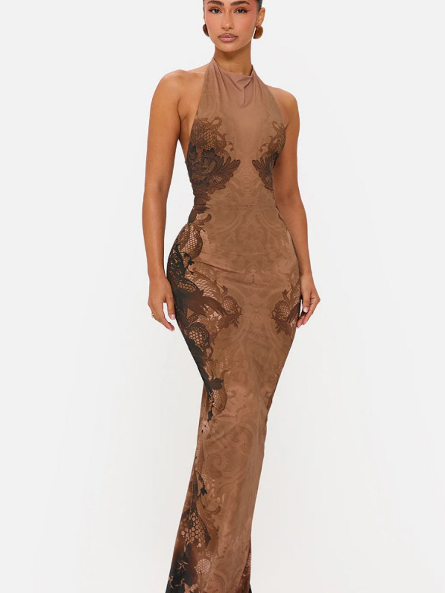 Halter French Backless Printed Formal Dress Maxi Dresses