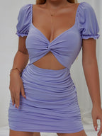 Hollow-out Pleated Puff Sleeve Bodycon Mini Dress