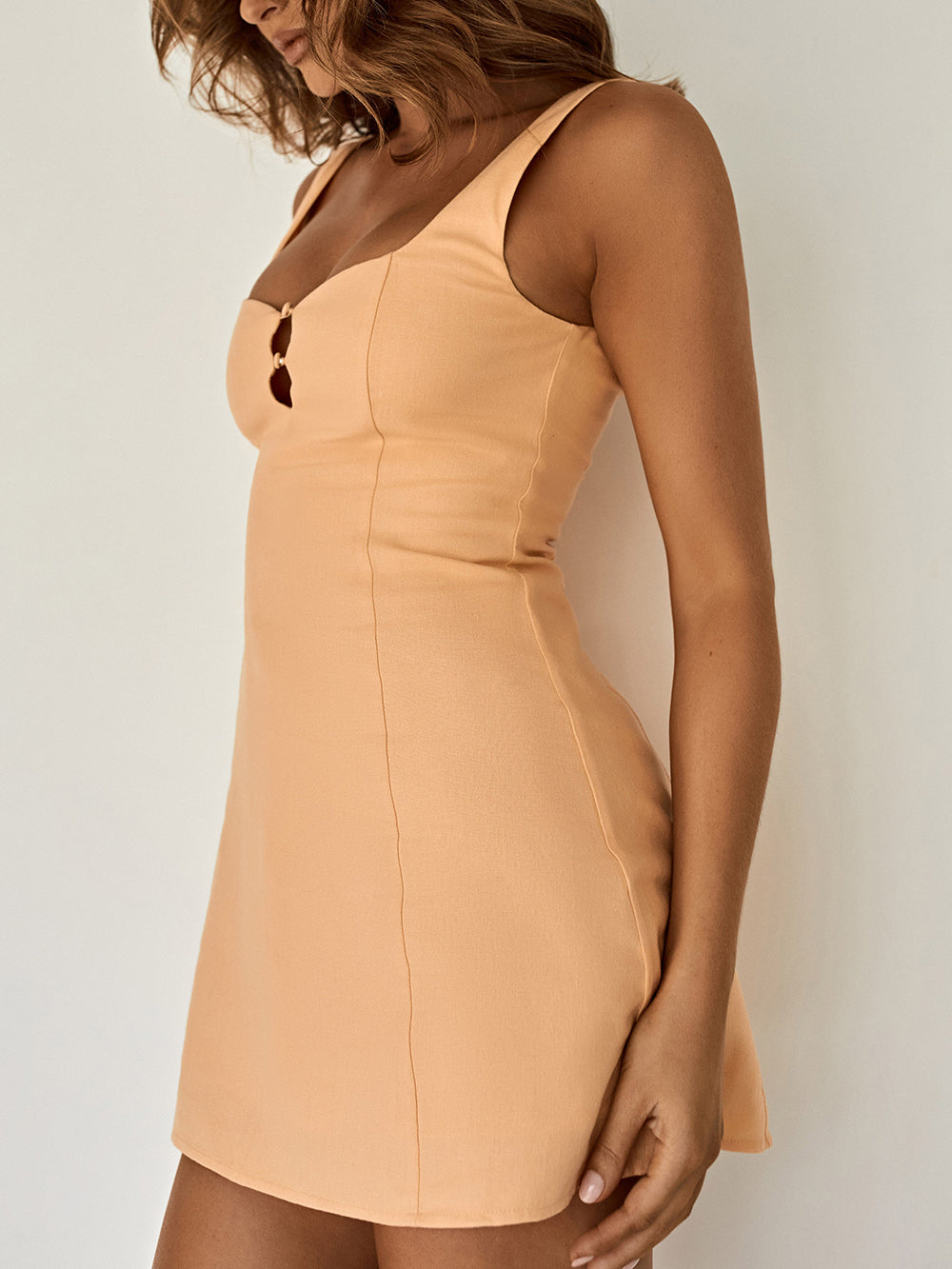 Square Sweetheart Keyhole Button Front Princess Seam Sleeveless Mini Dress