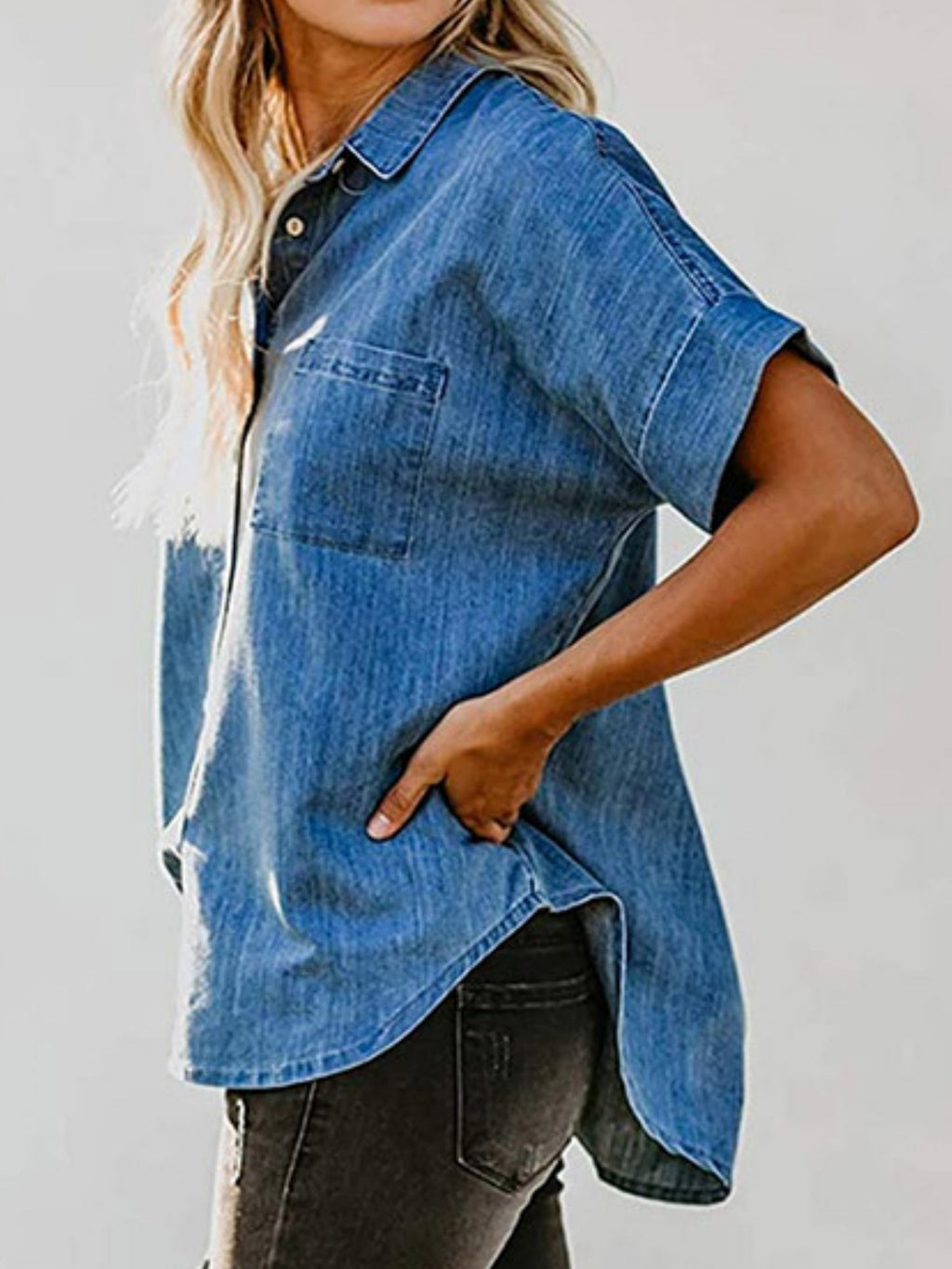 Denim Lapel Pocket Buttons Short-sleeved Shirt
