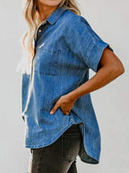 Denim Lapel Pocket Buttons Short-sleeved Shirt