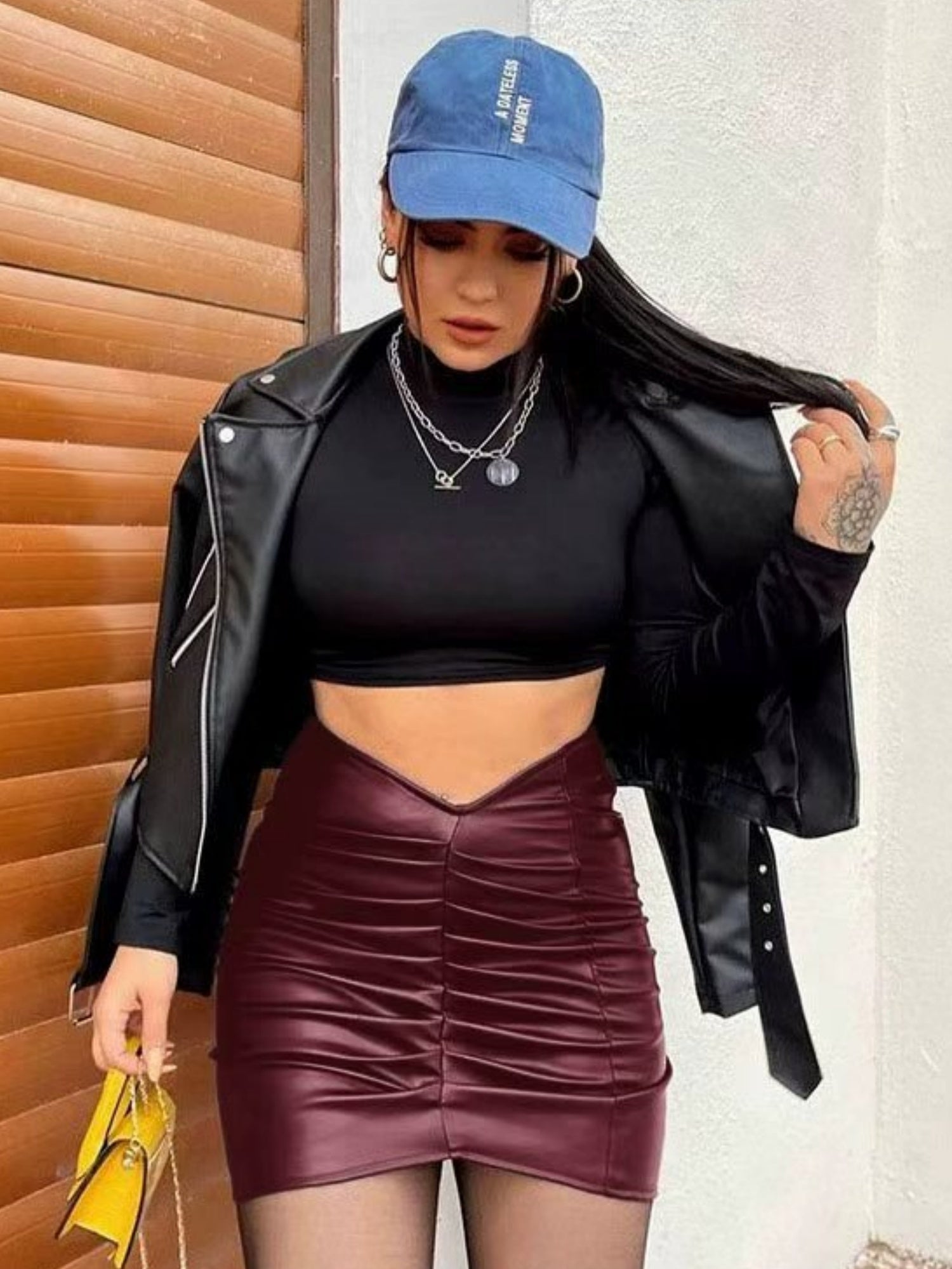 PU Leather Pleated Hip Wrap Skirts