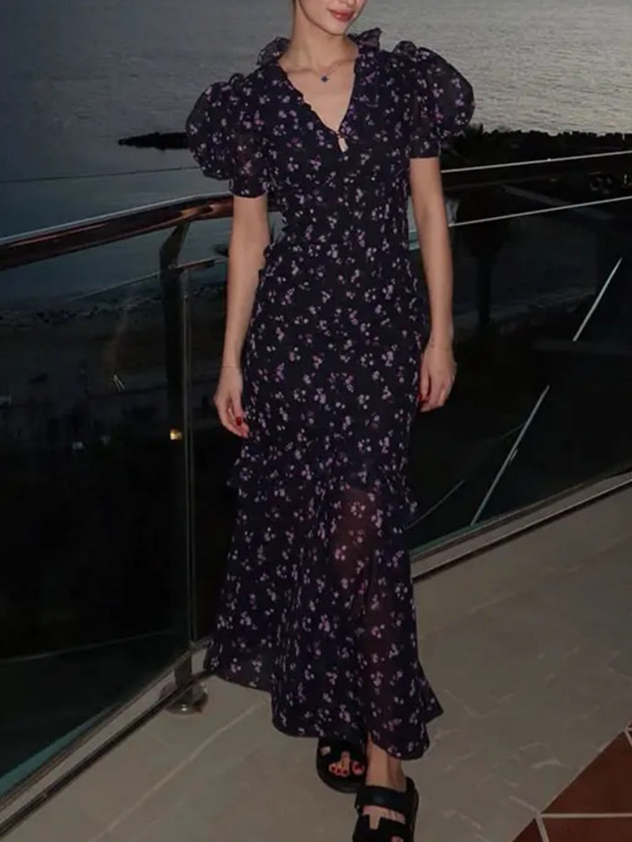 Printed Chiffon Temperament Wood Ear V-neck Puff Sleeve Maxi Dresses
