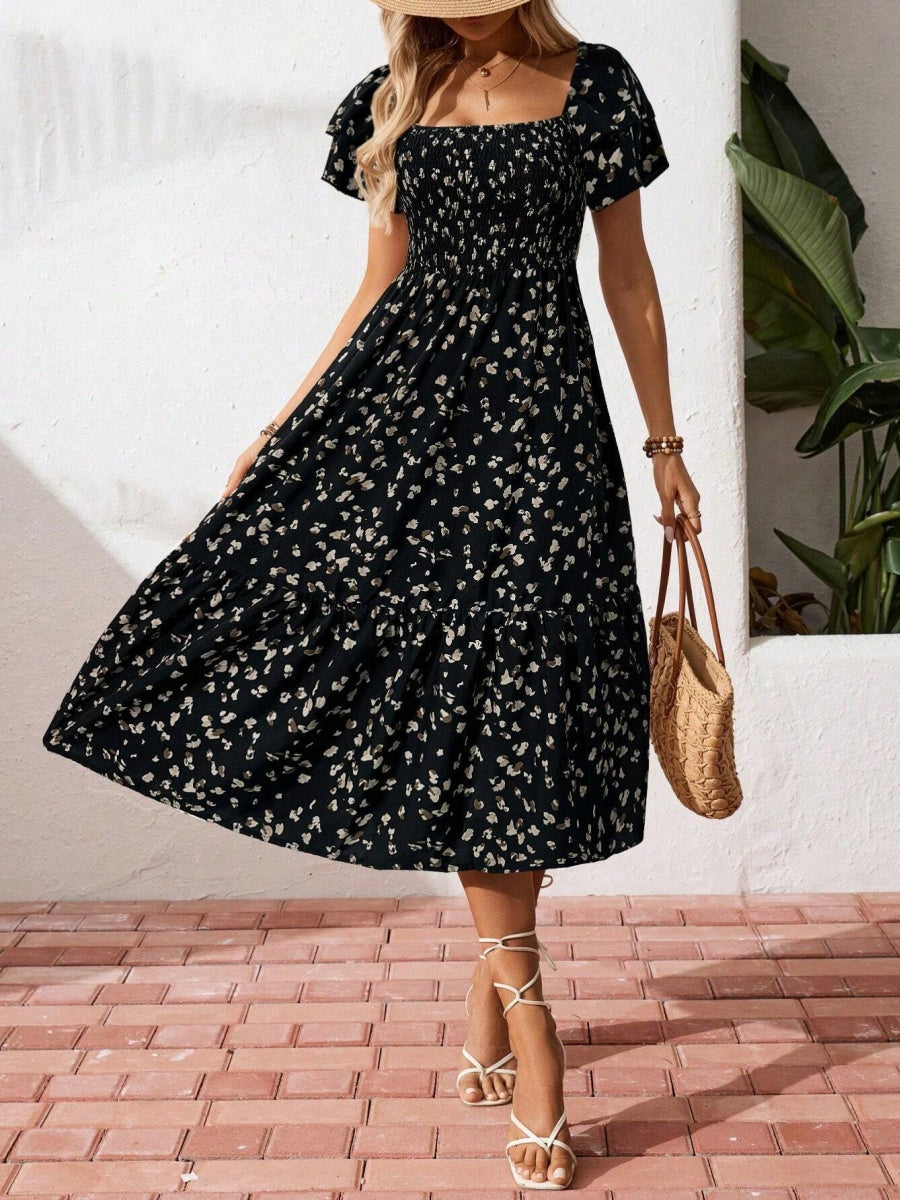 Floral Short Sleeve Square Collar Ruffle Vacation And Leisure Maxi Dresses