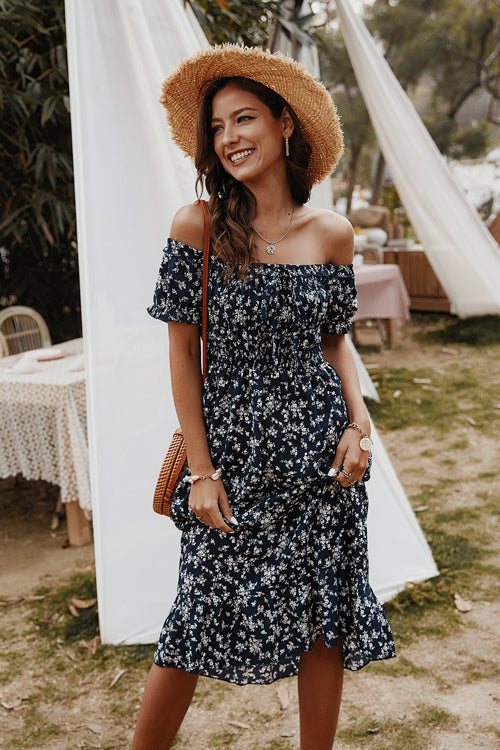 Off Shoulder Smocked Bodice Puff Sleeve Ruffle Hem Floral Midi Dress