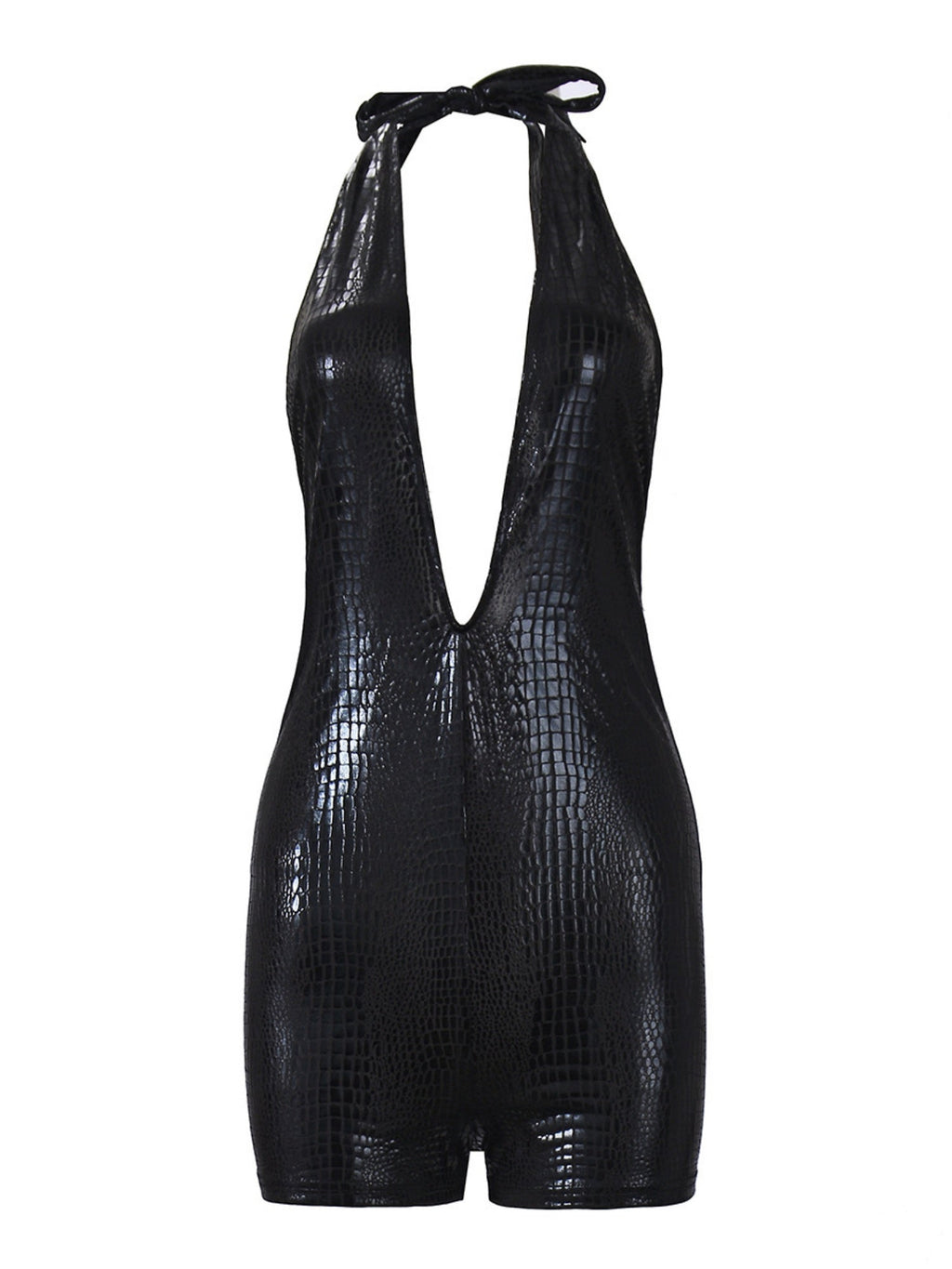 Imitation Leather Snake And Crocodile Patterns Deep V Halter Neck Open Back Bodysuits
