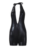 Imitation Leather Snake And Crocodile Patterns Deep V Halter Neck Open Back Bodysuits