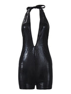 Imitation Leather Snake And Crocodile Patterns Deep V Halter Neck Open Back Bodysuits