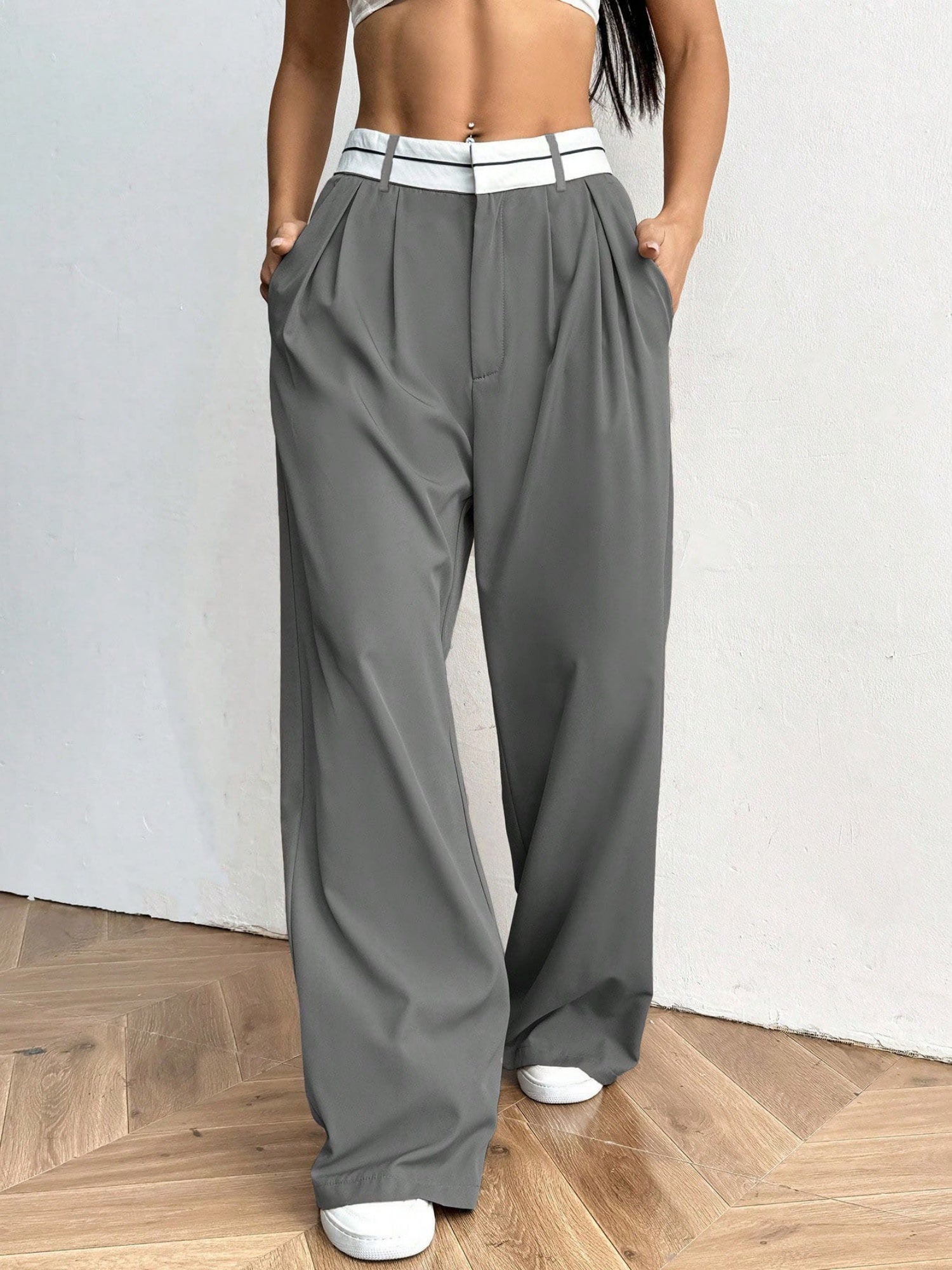 Color-blocked Suit Trousers Pocket Pleats Pants