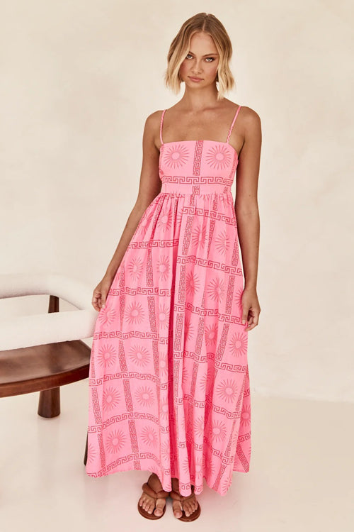 Square Neck Spaghetti Strap Graphic Print Empire Waist Maxi Dress
