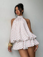 Halter Backless Lace Up Bud Polka Dots Mini&Short Dresses