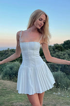 Corset Bodice Tie Strap Knife Pleat Mini Dress